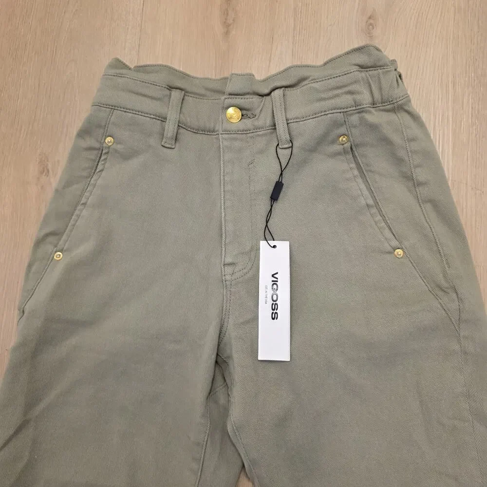 Vigoss Tan Janis Baggy‎ Elastic Waist High Rise Casual Crop Jeans Size 27 - Picture 2 of 11